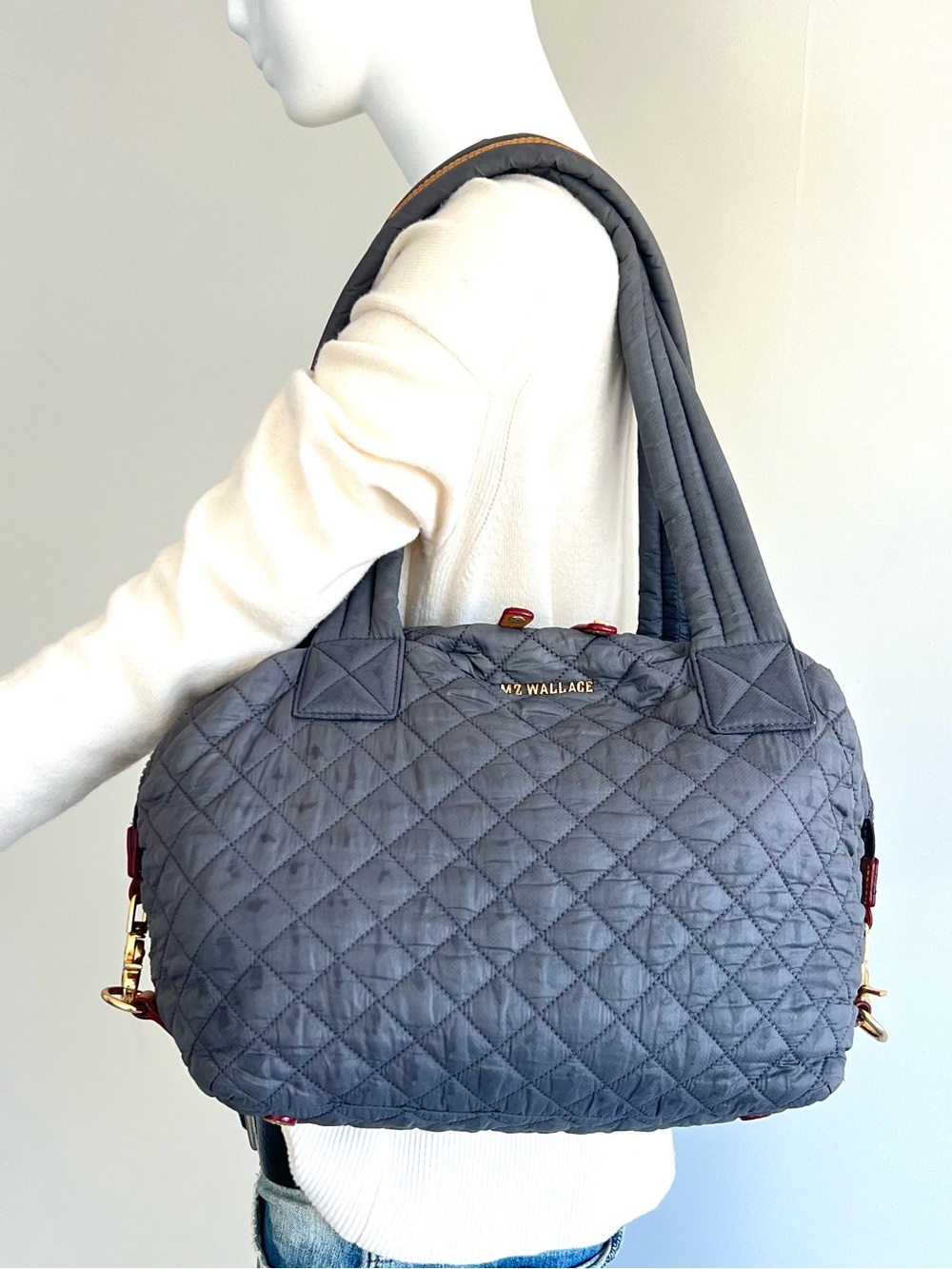 MZ WALLACE Sutton Deluxe Gray Quilted Nylon Tan Leather Lightweight Shoulder Bag
